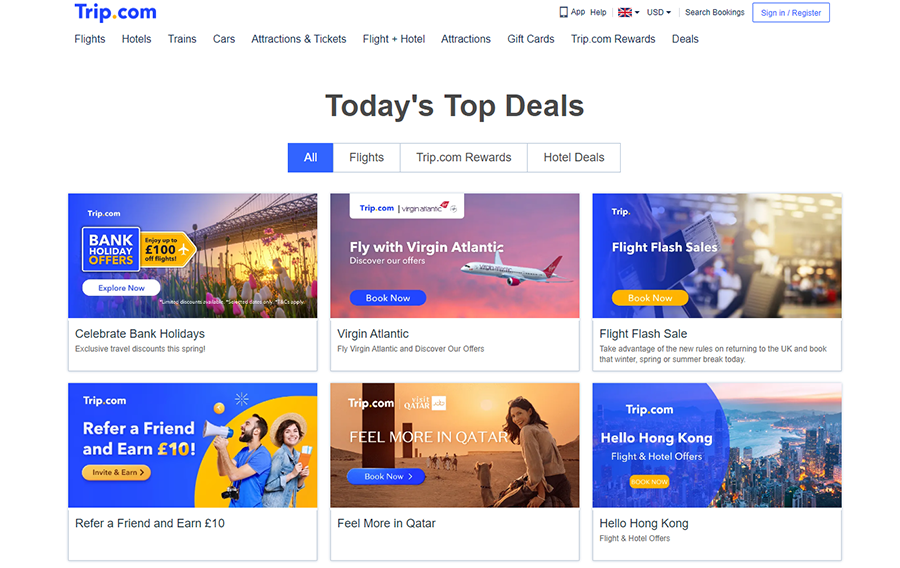Screenshot of Trip.com Today’s Top Deals page